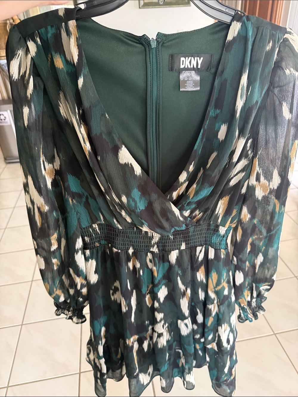 DKNY Emerald Green and Black Cocktail Dress| Long Sleeve Ruffle Hem